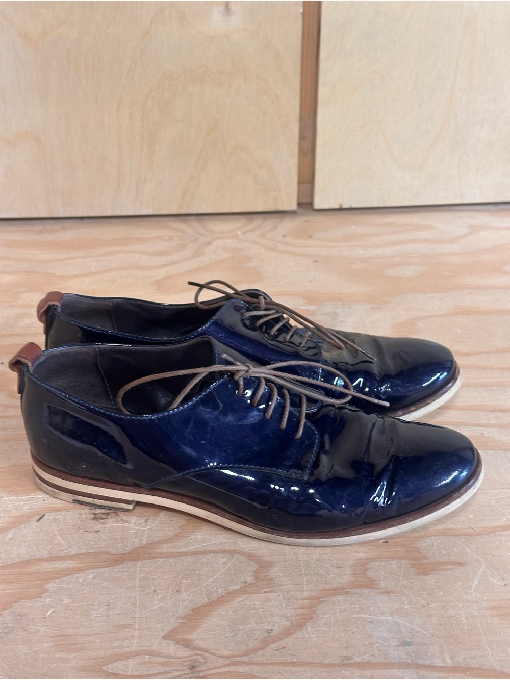 Agl Navy Patent Leather Derby Shoes with Brown Laces